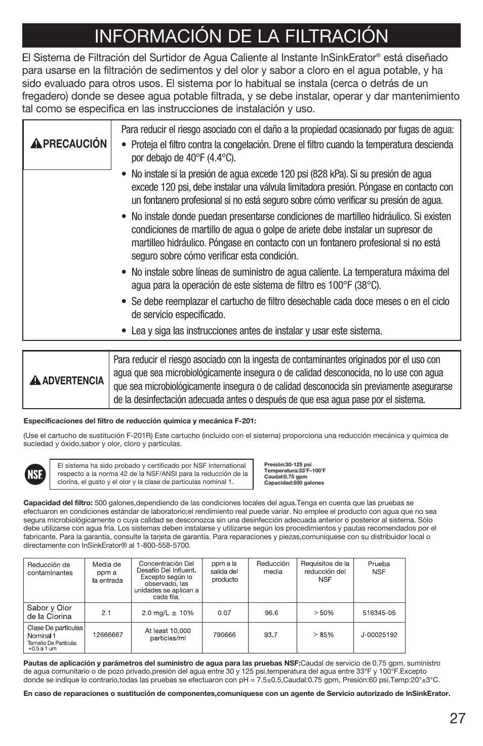 Información de la filtración | InSinkErator 1100 User Manual | Page 27 / 43