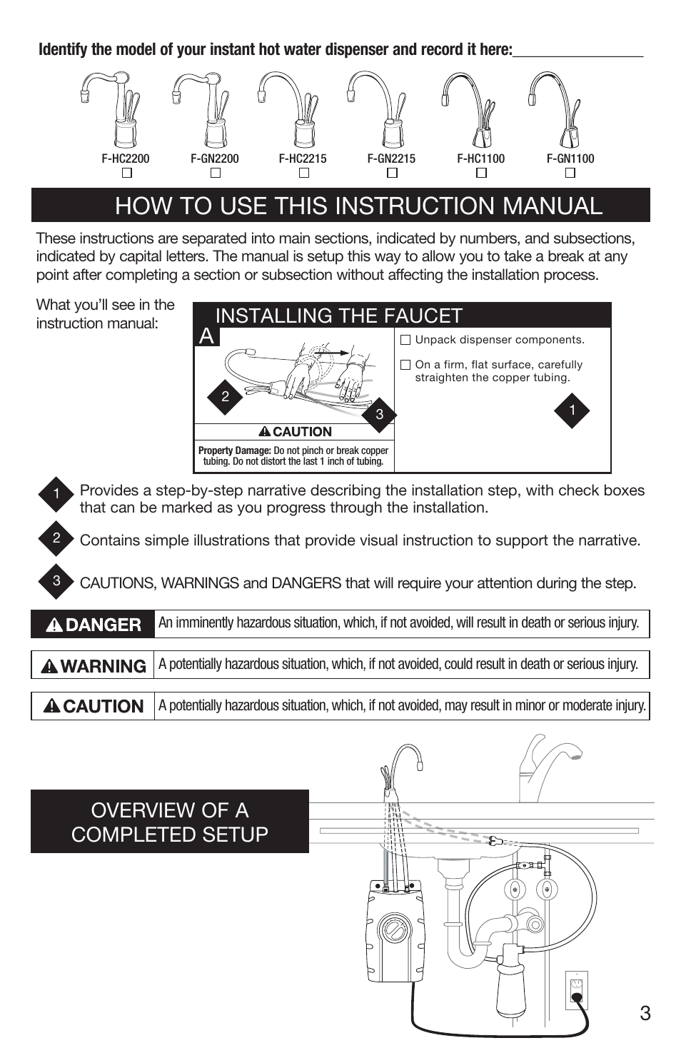 How to use this instruction manual, Installing the faucet, Overview of a completed setup 3 | InSinkErator 1100 User Manual | Page 3 / 43