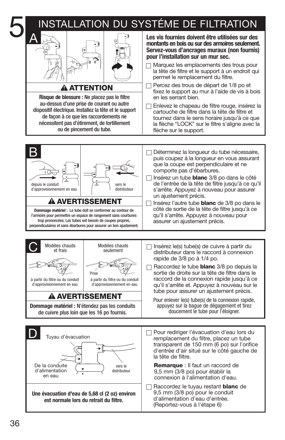 Installation du systéme de filtration, Attention avertissement avertissement | InSinkErator 1100 User Manual | Page 36 / 43