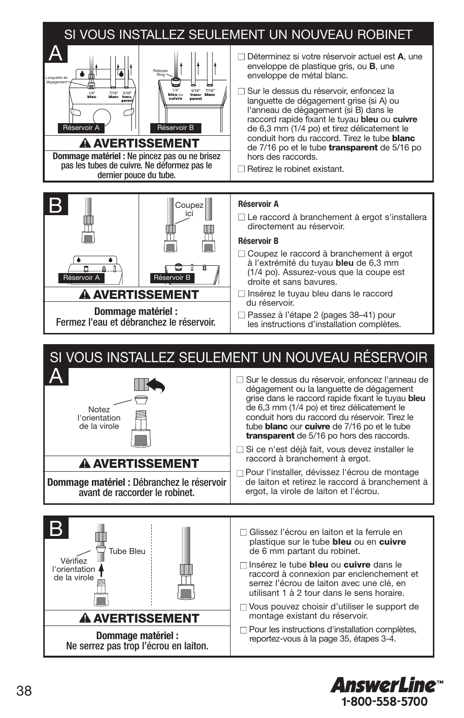 Si vous installez seulement un nouveau réservoir, Si vous installez seulement un nouveau robinet, Avertissement | InSinkErator 1100 User Manual | Page 38 / 43