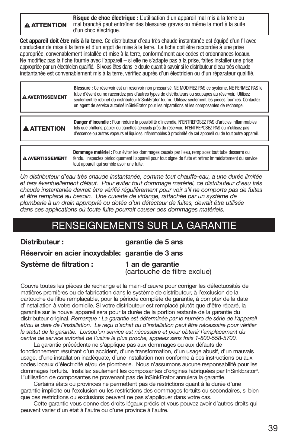 Renseignements sur la garantie | InSinkErator 1100 User Manual | Page 39 / 43