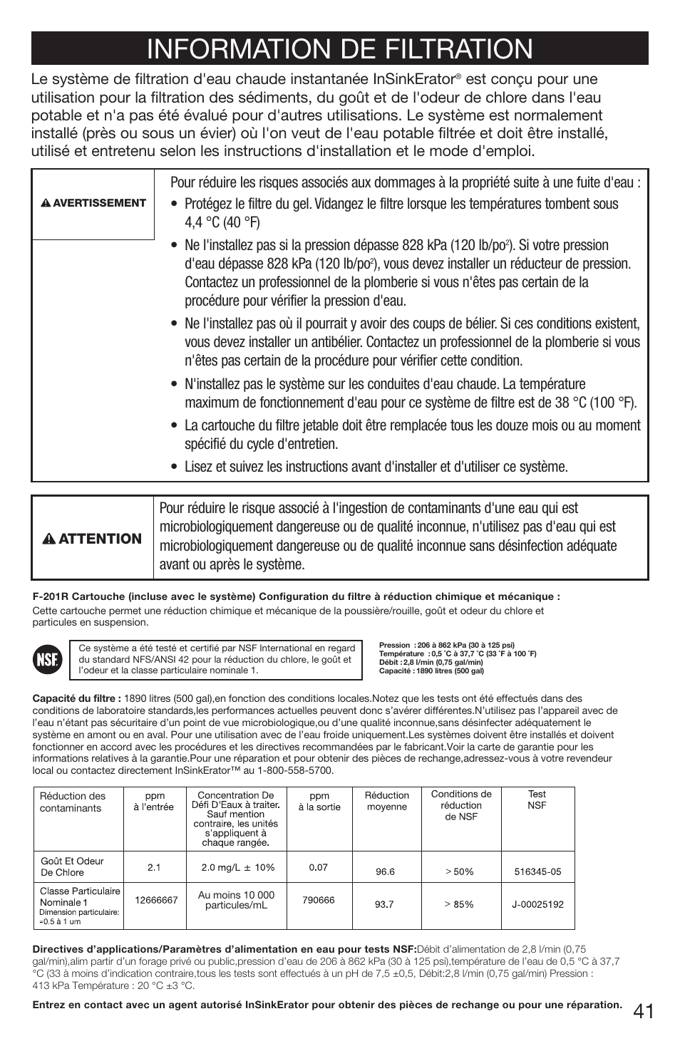 Information de filtration | InSinkErator 1100 User Manual | Page 41 / 43