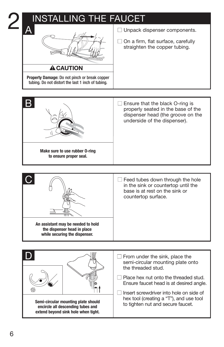 Ba c d, Installing the faucet | InSinkErator 1100 User Manual | Page 6 / 43