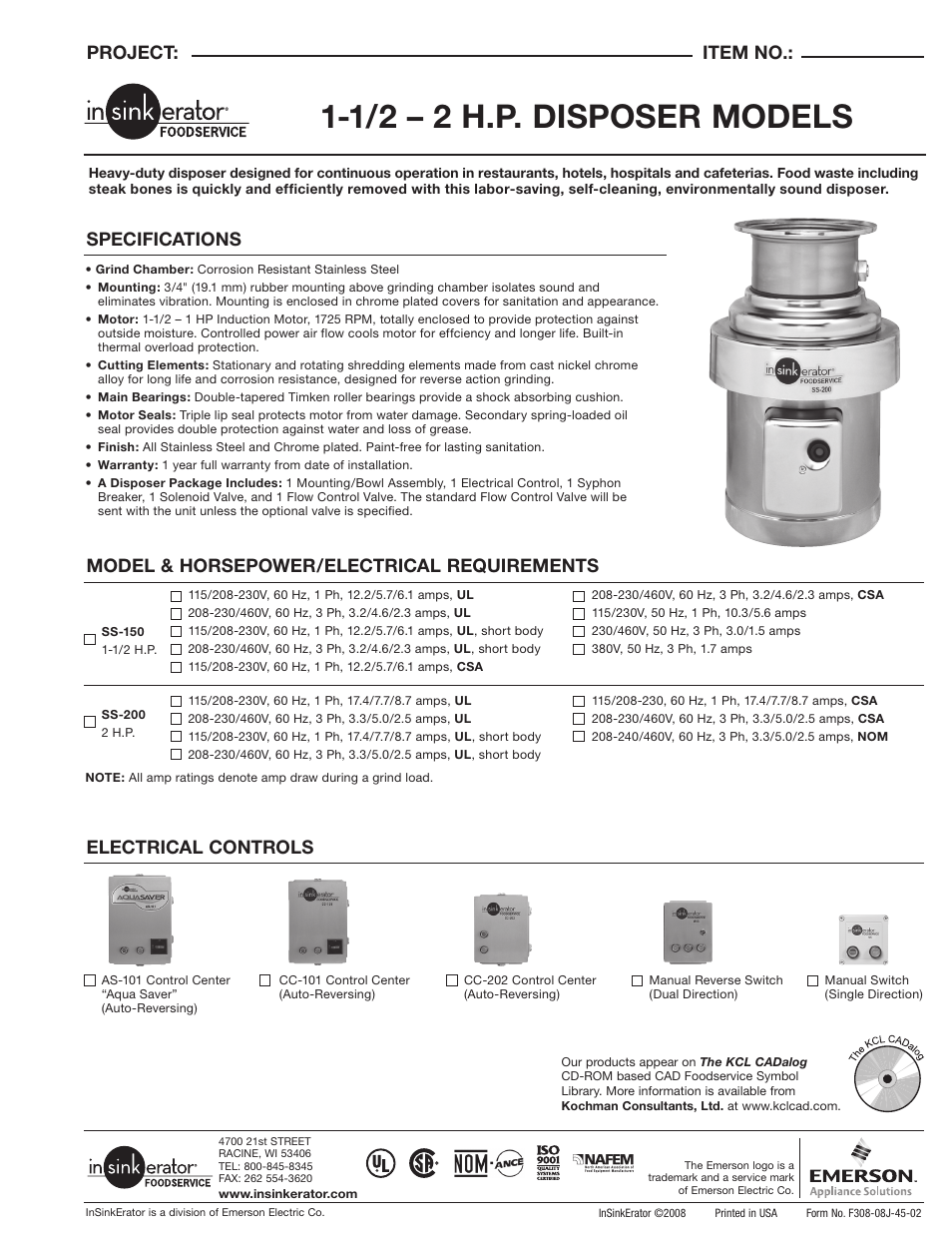 InSinkErator SS150 to SS200 User Manual | 2 pages