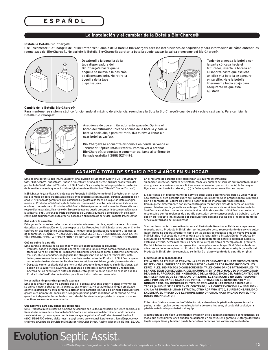 Evolution septic assist, Garantía total de servicio por 4 años en su hogar | InSinkErator EVOLUTION SEPTIC ASSIST 76137 User Manual | Page 12 / 14