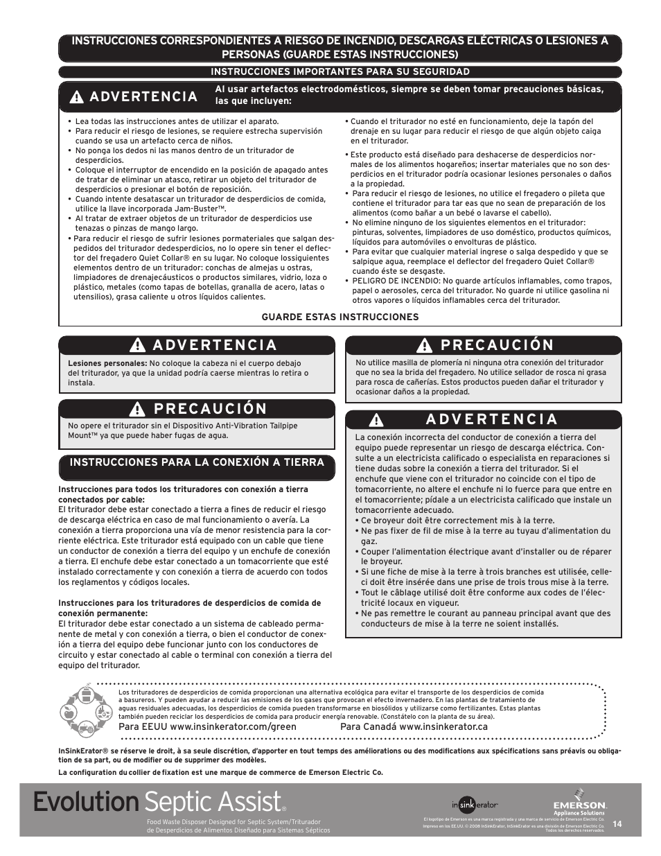 Evolution septic assist, Advertencia | InSinkErator EVOLUTION SEPTIC ASSIST 76137 User Manual | Page 14 / 14
