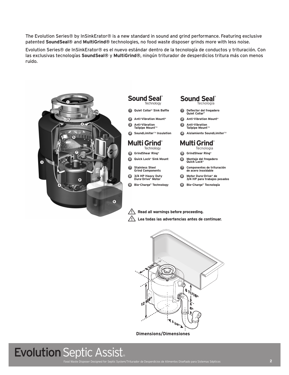 Evolution septic assist, Sound seal, Multi grind | InSinkErator EVOLUTION SEPTIC ASSIST 76137 User Manual | Page 2 / 14