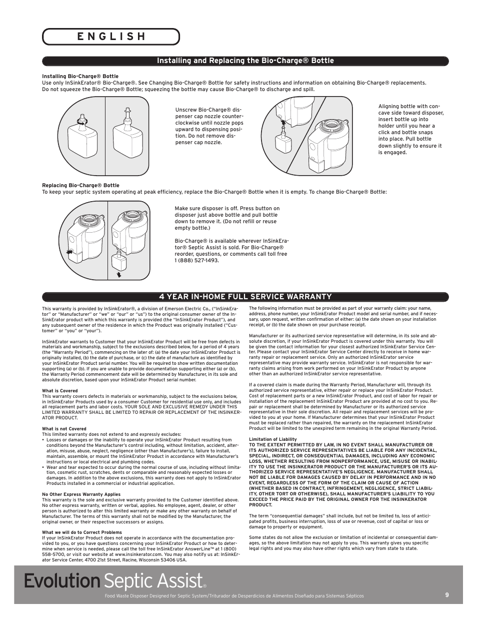 Evolution septic assist, Installing and replacing the bio-charge® bottle, 4 year in-home full service warranty | InSinkErator EVOLUTION SEPTIC ASSIST 76137 User Manual | Page 9 / 14