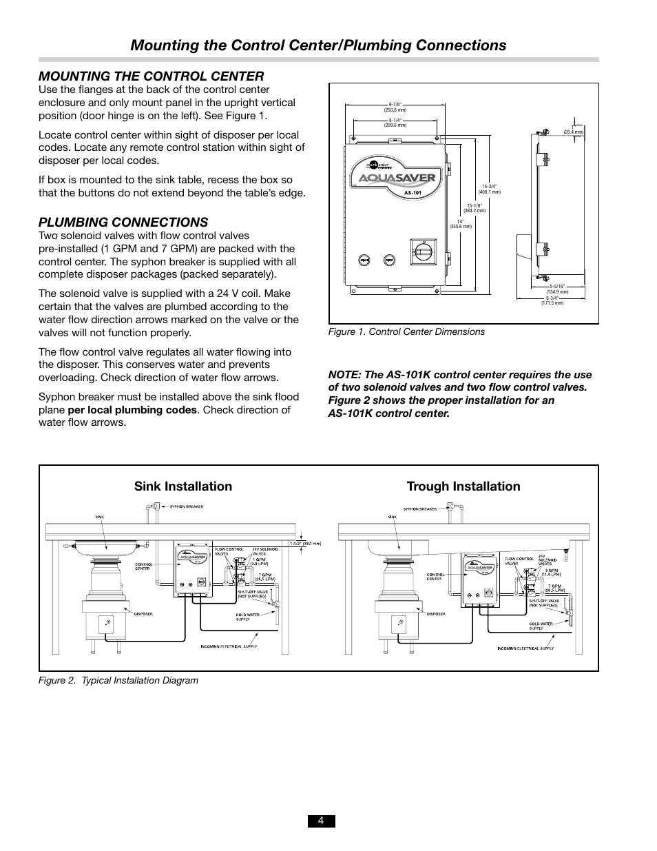 Mounting the control center/plumbing connections, Mounting the control center, Plumbing connections | Sink installation trough installation | InSinkErator AQUASAVER AS-101K User Manual | Page 4 / 12