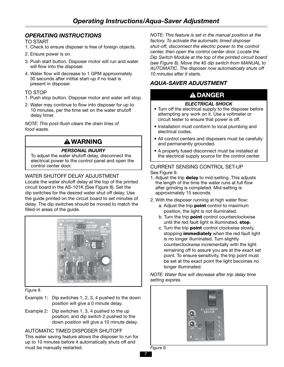 Operating instructions/aqua-saver adjustment | InSinkErator AQUASAVER AS-101K User Manual | Page 7 / 12