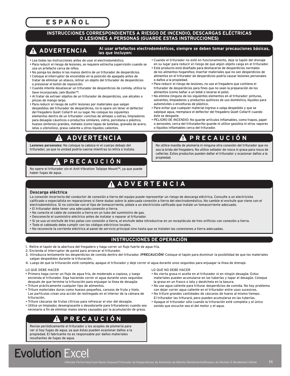 Evolution excel, Advertencia | InSinkErator Evolution Excel User Manual | Page 11 / 14