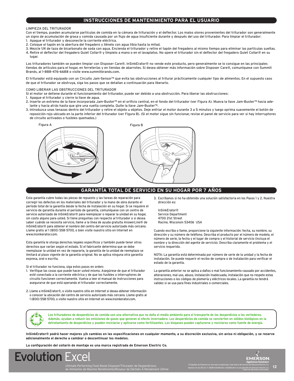 Evolution excel, Instrucciones de mantenimiento para el usuario, Garantía total de servicio en su hogar por 7 años | InSinkErator Evolution Excel User Manual | Page 12 / 14