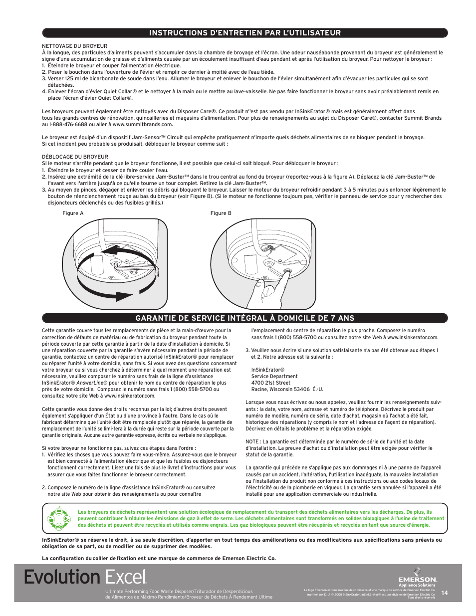 Evolution excel, Instructions d’entretien par l’utilisateur, Garantie de service intégral à domicile de 7 ans | InSinkErator Evolution Excel User Manual | Page 14 / 14