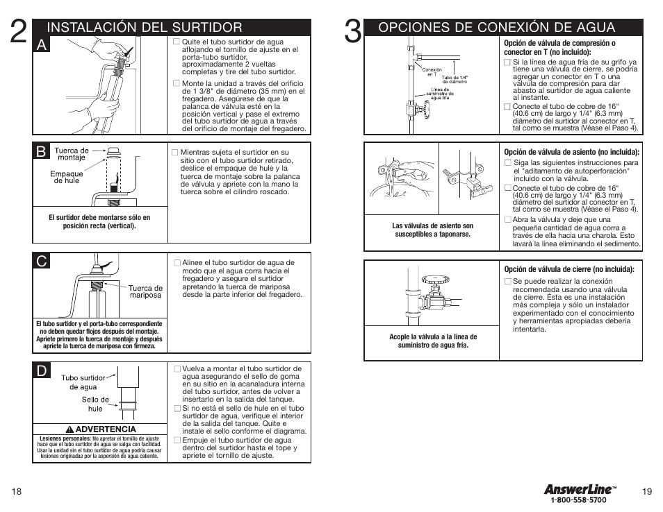 Opciones de conexión de agua, Instalación del surtidor | InSinkErator Hot1 User Manual | Page 10 / 19