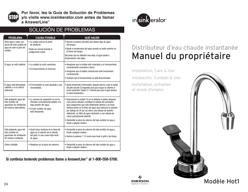 Manuel du propriétaire, Distributeur d’eau chaude instantanée, Modèle hot1 | Solución de problemas, Si continúa teniendo problemas llame a answerline | InSinkErator Hot1 User Manual | Page 13 / 19