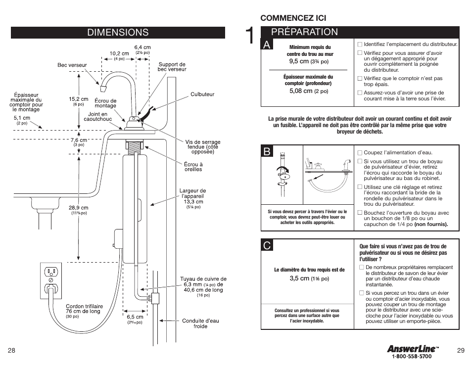 Préparation, Dimensions, Commencez ici | InSinkErator Hot1 User Manual | Page 15 / 19