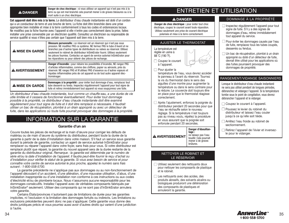 Entretien et utilisation, Information sur la garantie | InSinkErator Hot1 User Manual | Page 18 / 19