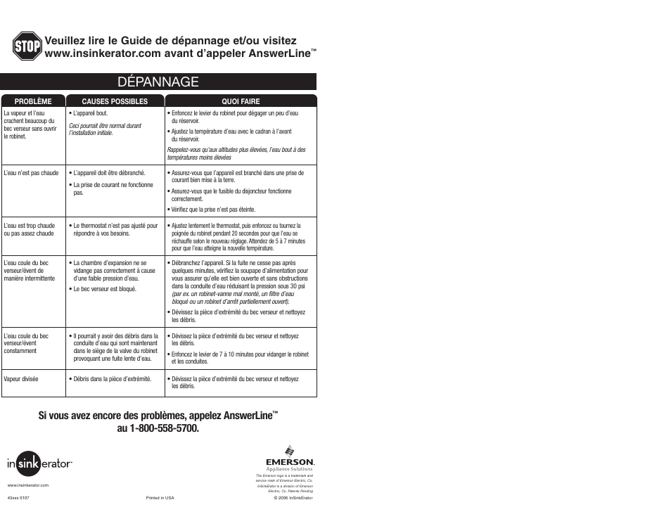 Dépannage | InSinkErator Hot1 User Manual | Page 19 / 19