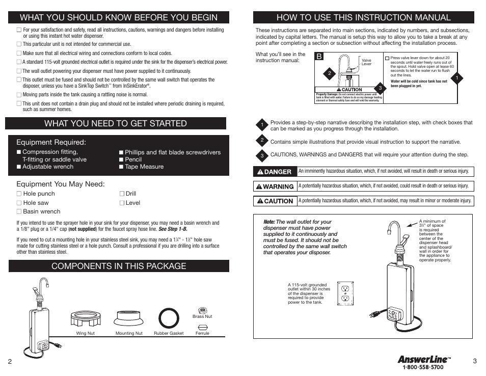 How to use this instruction manual, What you should know before you begin, What you need to get started | Components in this package, Equipment you may need, Equipment required | InSinkErator Hot1 User Manual | Page 2 / 19