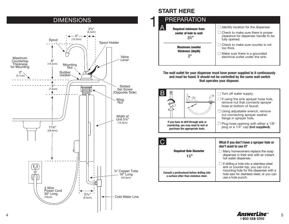 Preparation start here, Dimensions | InSinkErator Hot1 User Manual | Page 3 / 19