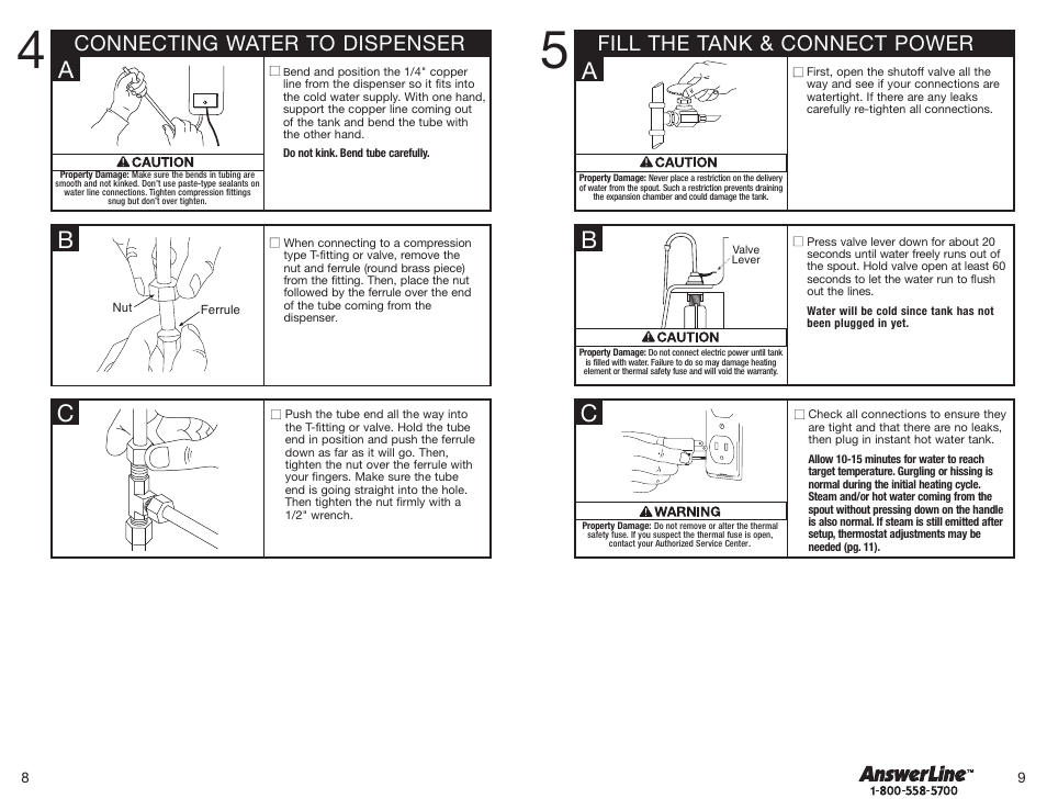 Fill the tank & connect power, Connecting water to dispenser | InSinkErator Hot1 User Manual | Page 5 / 19