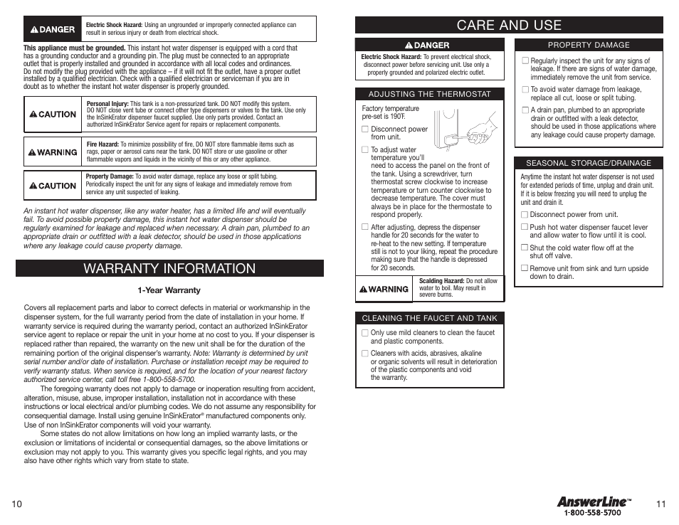 Care and use, Warranty information | InSinkErator Hot1 User Manual | Page 6 / 19