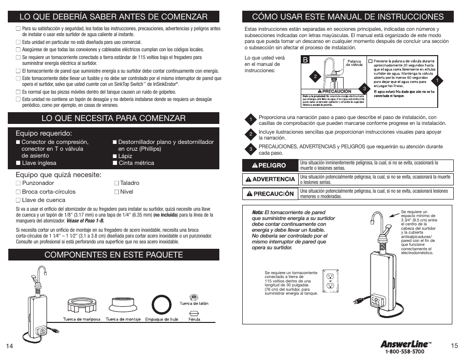 Cómo usar este manual de instrucciones, Lo que debería saber antes de comenzar, Lo que necesita para comenzar | Componentes en este paquete | InSinkErator Hot1 User Manual | Page 8 / 19