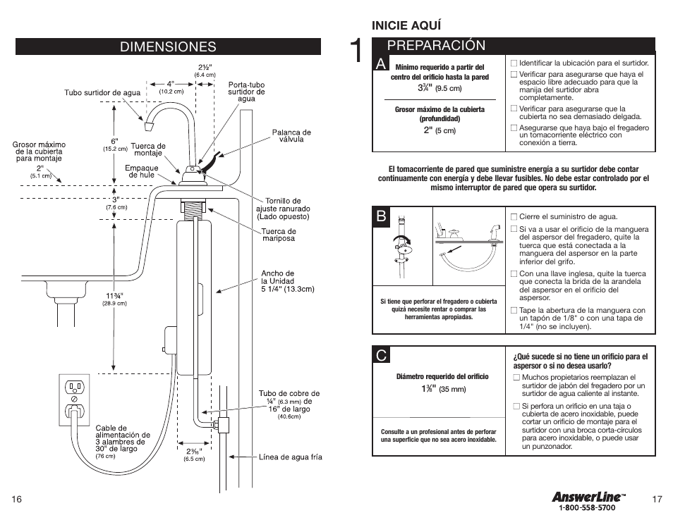 Preparación, Dimensiones, Inicie aquí | InSinkErator Hot1 User Manual | Page 9 / 19