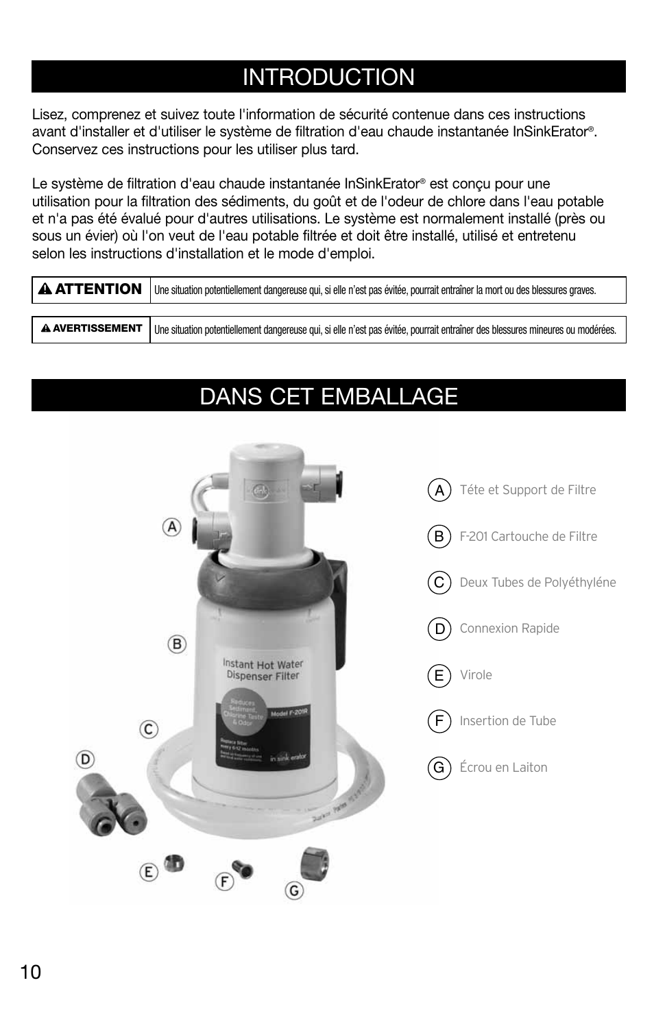 Introduction dans cet emballage | InSinkErator F-201R User Manual | Page 10 / 16