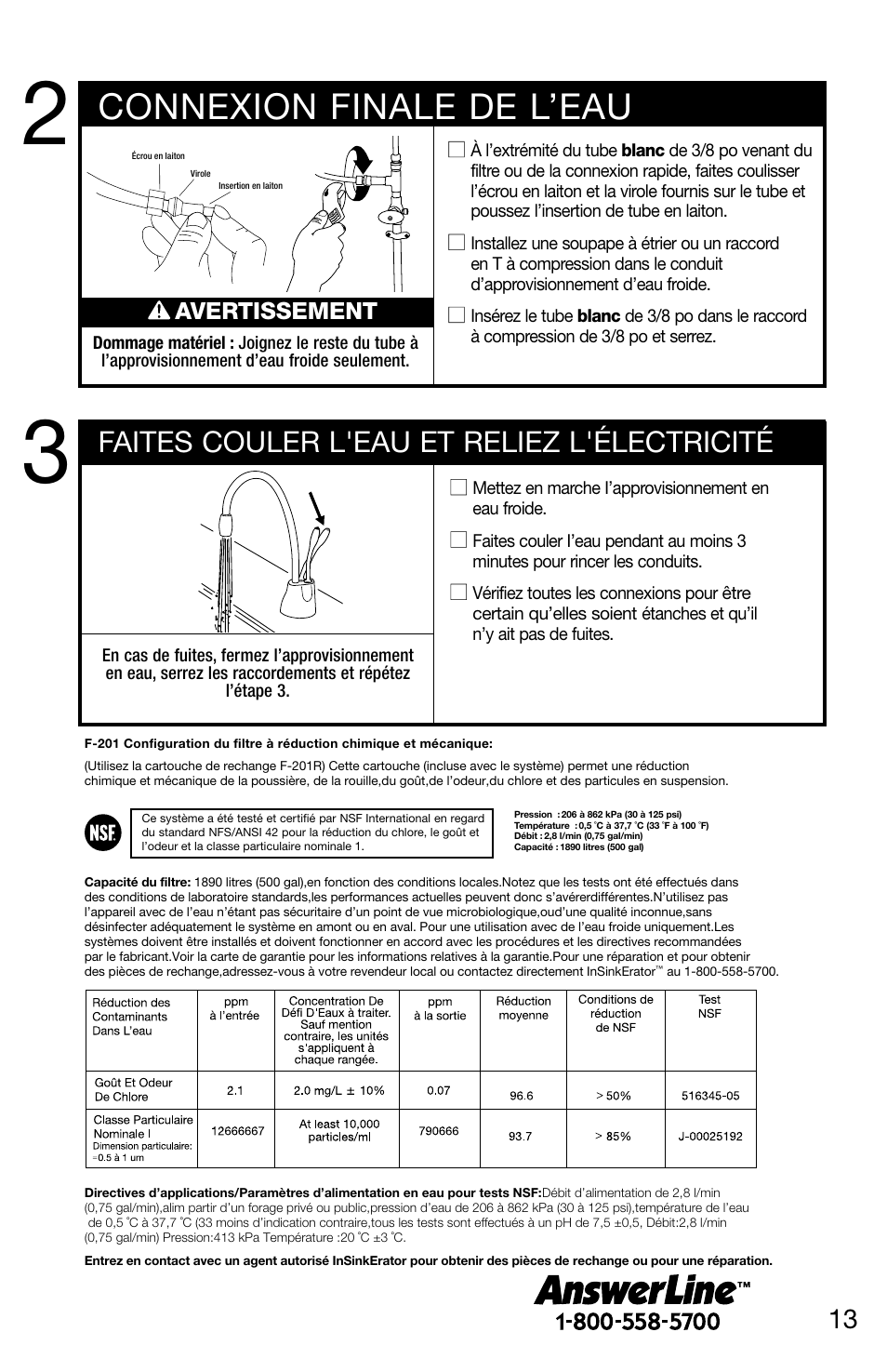 Connexion finale de l’eau, Faites couler l'eau et reliez l'électricité | InSinkErator F-201R User Manual | Page 13 / 16