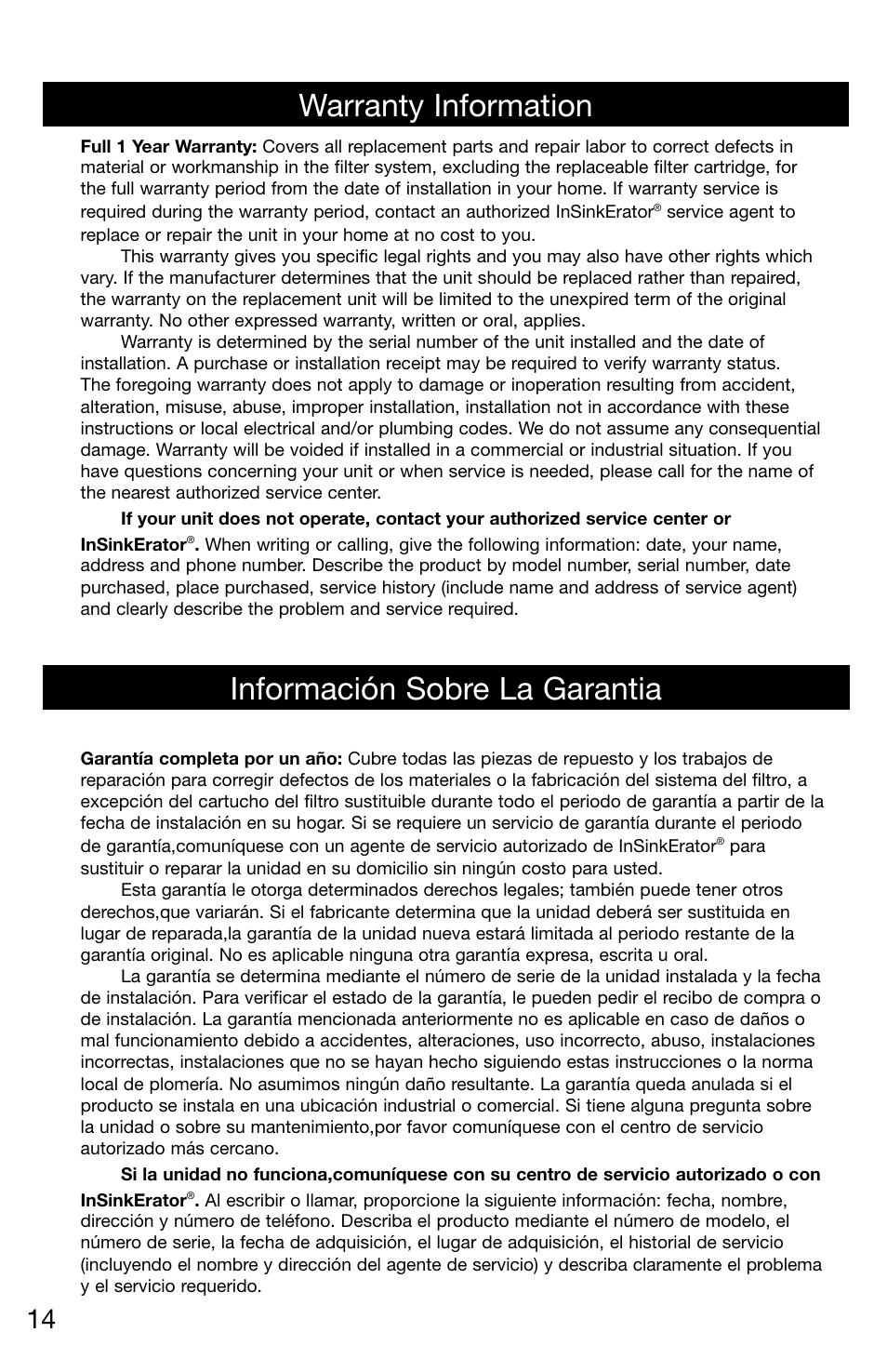 Warranty information información sobre la garantia | InSinkErator F-201R User Manual | Page 14 / 16