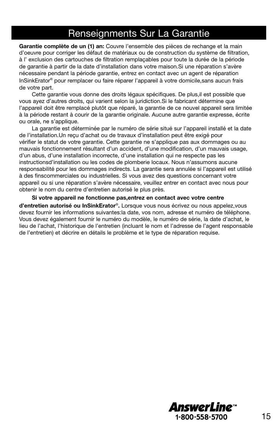 Renseignments sur la garantie | InSinkErator F-201R User Manual | Page 15 / 16