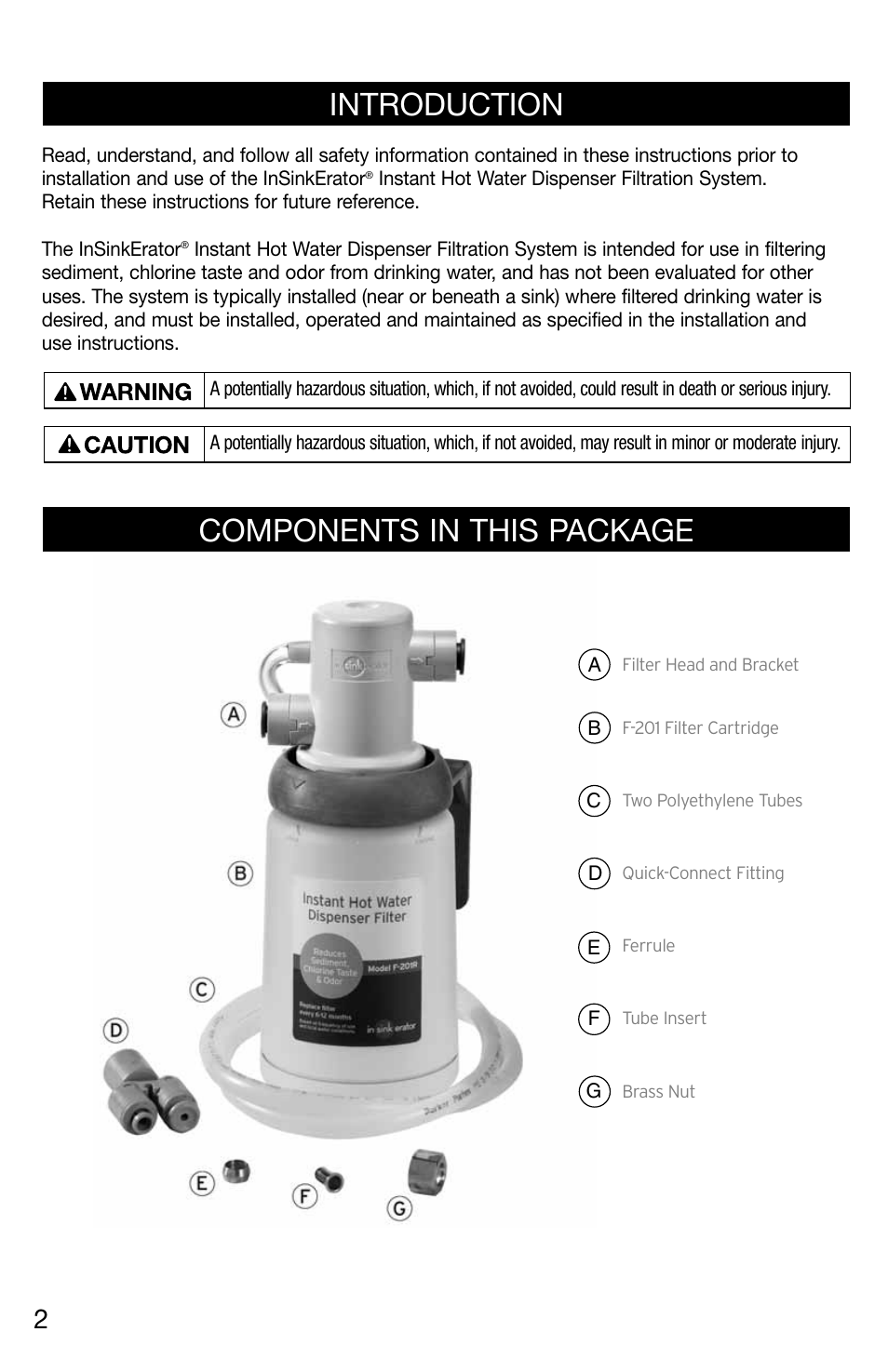 Components in this package introduction | InSinkErator F-201R User Manual | Page 2 / 16