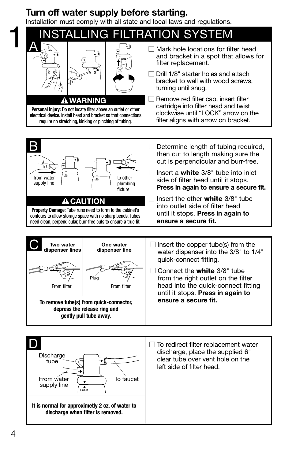 Installing filtration system, Turn off water supply before starting | InSinkErator F-201R User Manual | Page 4 / 16