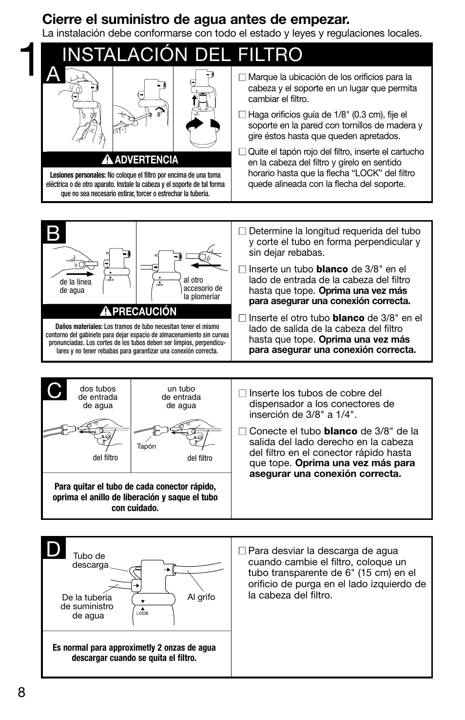 Instalación del filtro, Cierre el suministro de agua antes de empezar | InSinkErator F-201R User Manual | Page 8 / 16