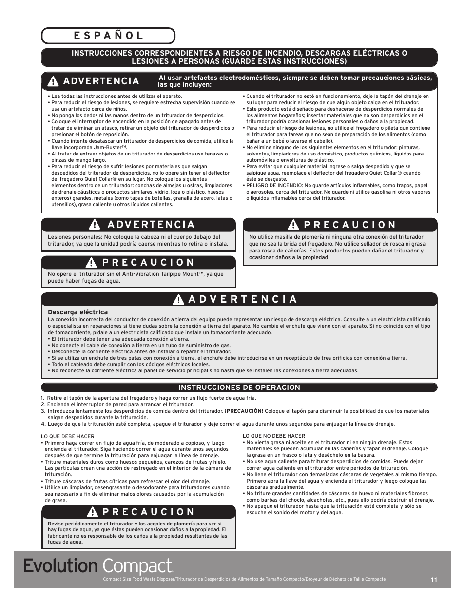 Evolution compact, Advertencia | InSinkErator Evolution Compact User Manual | Page 11 / 14