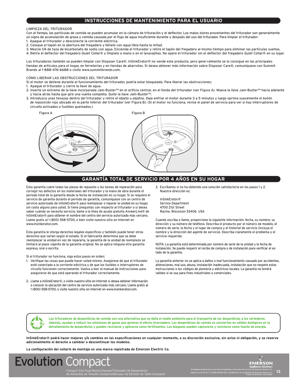 Evolution compact, Instrucciones de mantenimiento para el usuario, Garantía total de servicio por 4 años en su hogar | InSinkErator Evolution Compact User Manual | Page 12 / 14