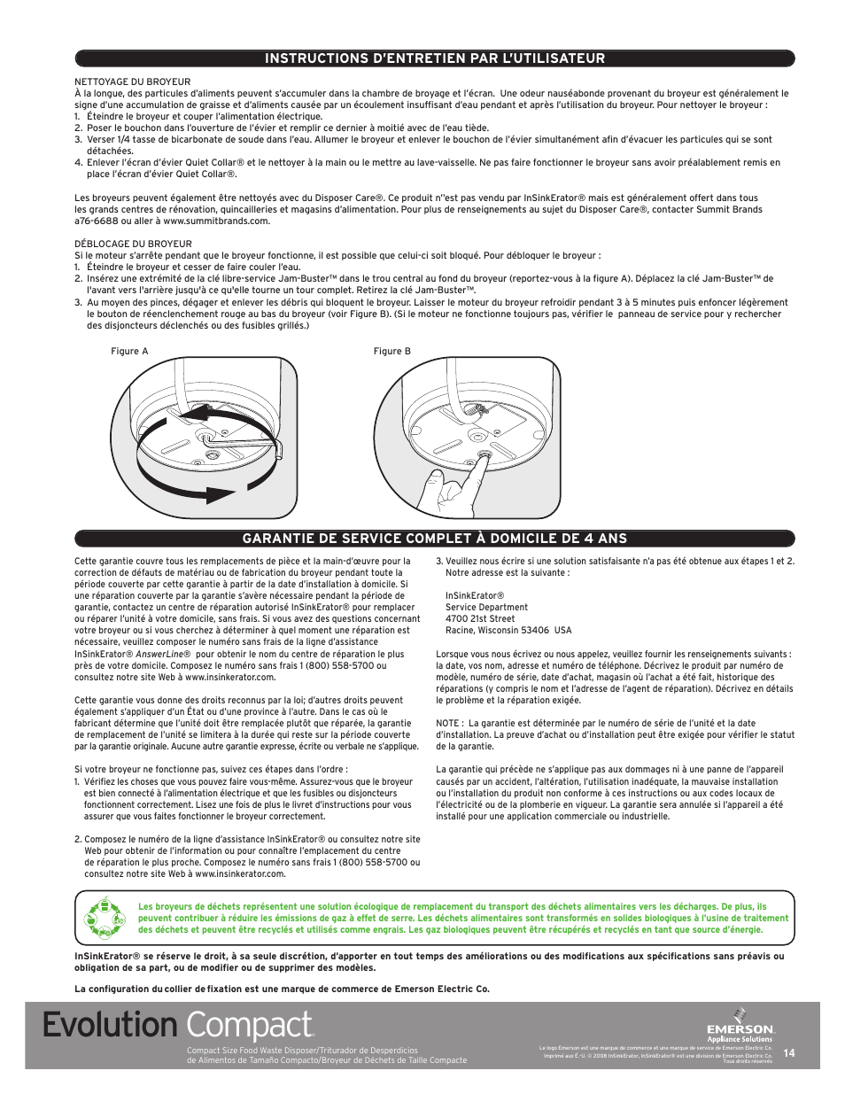 Evolution compact, Instructions d’entretien par l’utilisateur, Garantie de service complet à domicile de 4 ans | InSinkErator Evolution Compact User Manual | Page 14 / 14