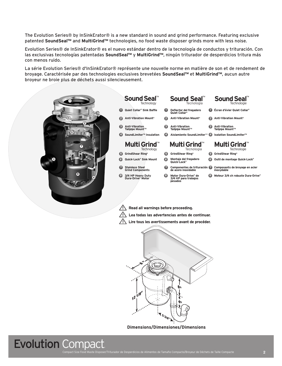 Evolution compact, Sound seal, Multi grind | Dimensions/dimensiones/dimensions | InSinkErator Evolution Compact User Manual | Page 2 / 14