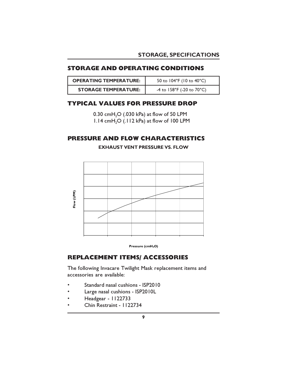 Typical values for pressure drop, Pressure and flow characteristics, Storage and operating conditions | Replacement items/ accessories, Storage, specifications, 30 cmh | Invacare ISP2000 User Manual | Page 9 / 12