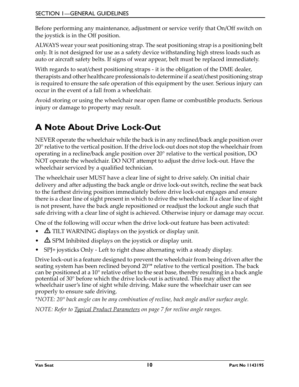 A note about drive lock-out | Invacare Van Seat PHWH93 User Manual | Page 10 / 28