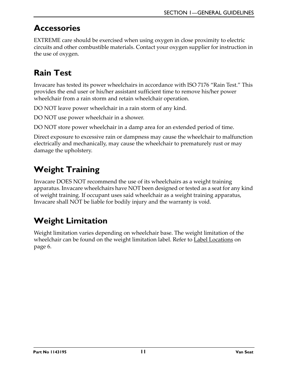 Accessories, Rain test, Weight training | Weight limitation | Invacare Van Seat PHWH93 User Manual | Page 11 / 28
