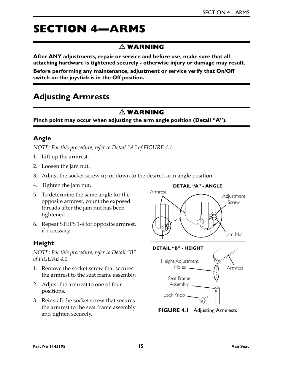 Section 4—arms, Adjusting armrests, Angle | Height | Invacare Van Seat PHWH93 User Manual | Page 15 / 28