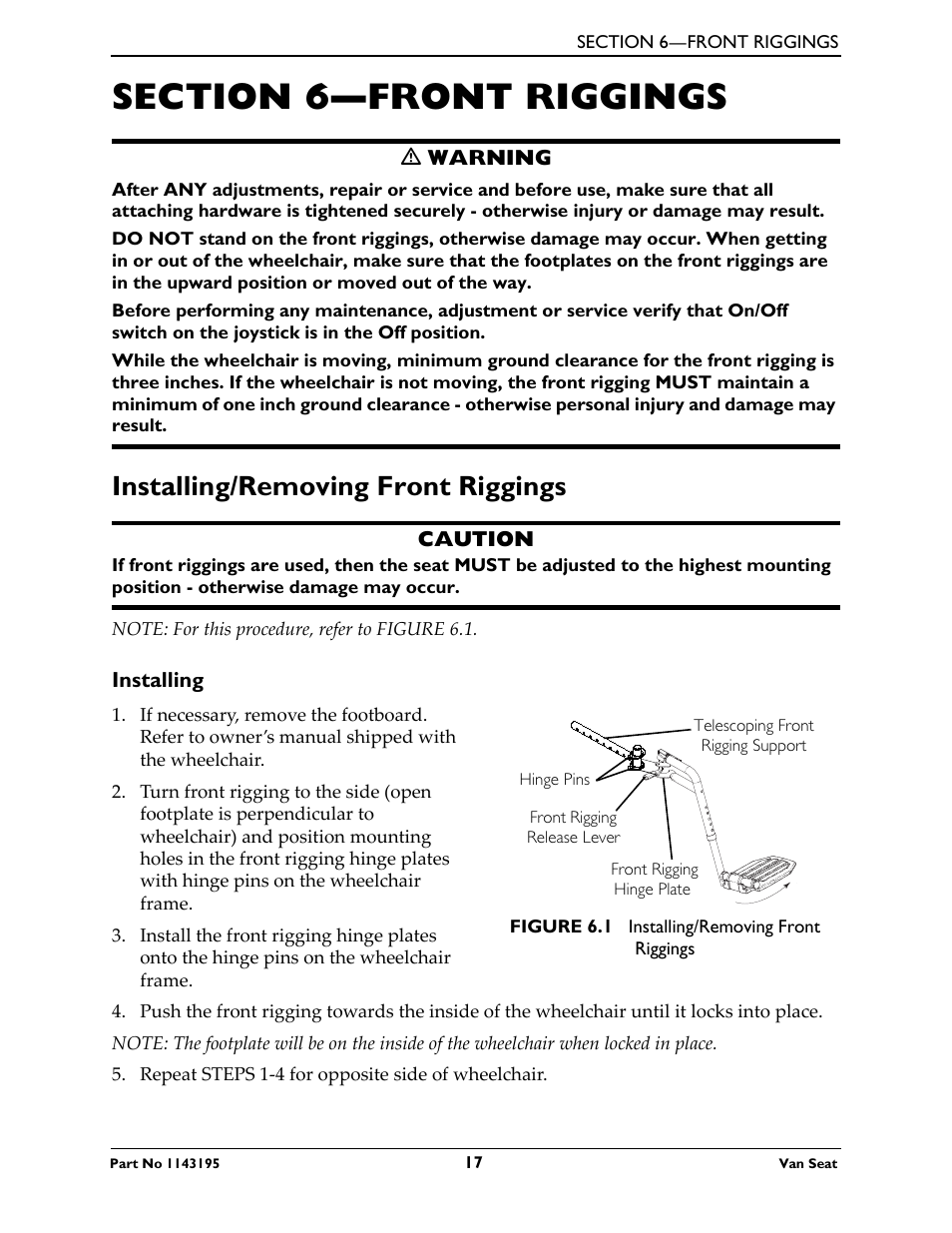 Section 6—front riggings, Installing/removing front riggings, Installing | Invacare Van Seat PHWH93 User Manual | Page 17 / 28