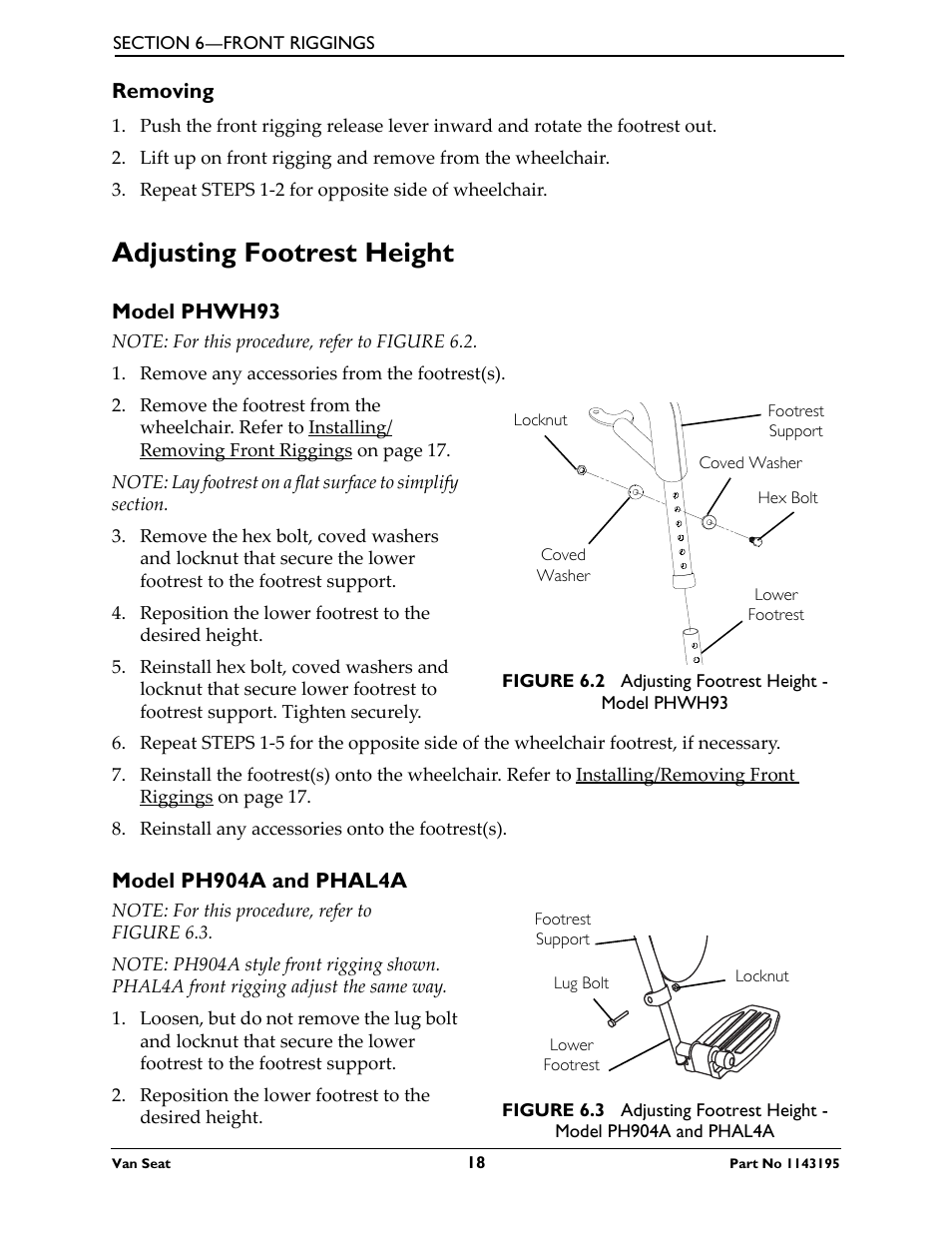 Removing, Adjusting footrest height, Model phwh93 | Model ph904a and phal4a | Invacare Van Seat PHWH93 User Manual | Page 18 / 28