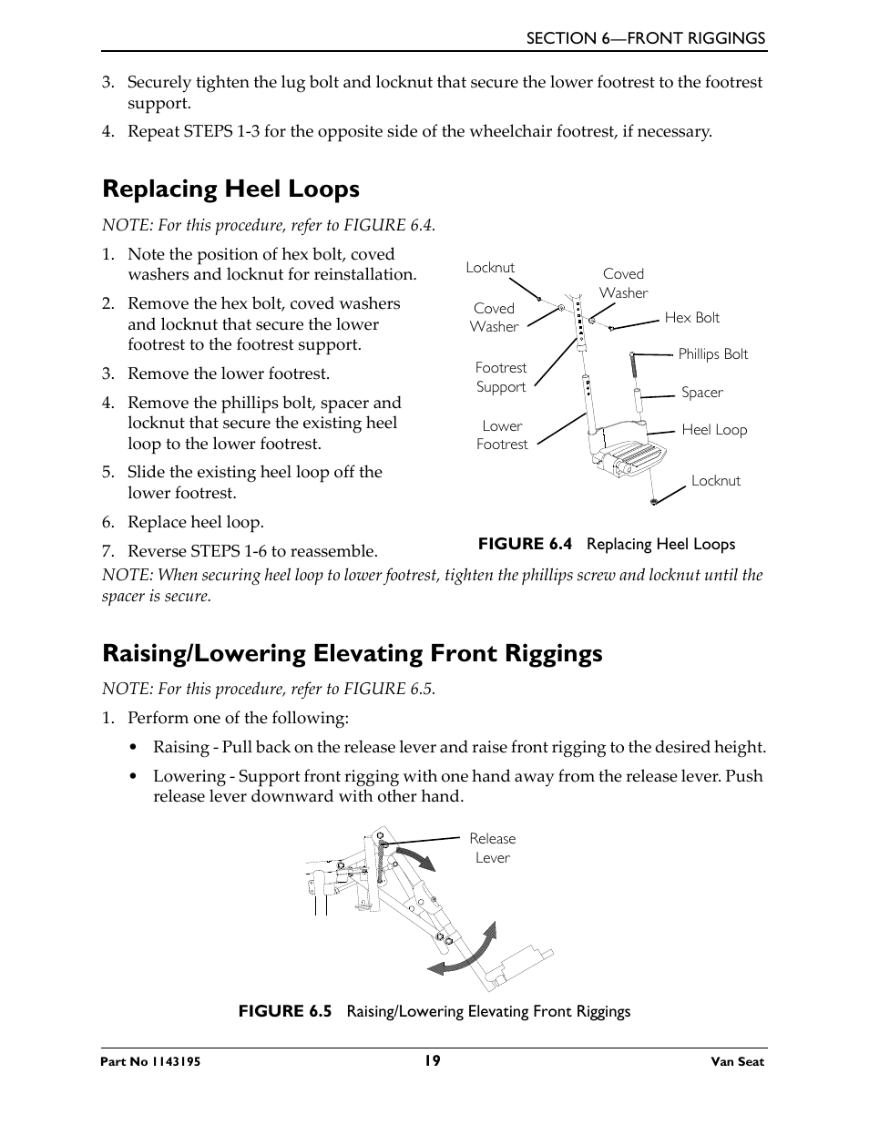 Replacing heel loops, Raising/lowering elevating front riggings | Invacare Van Seat PHWH93 User Manual | Page 19 / 28