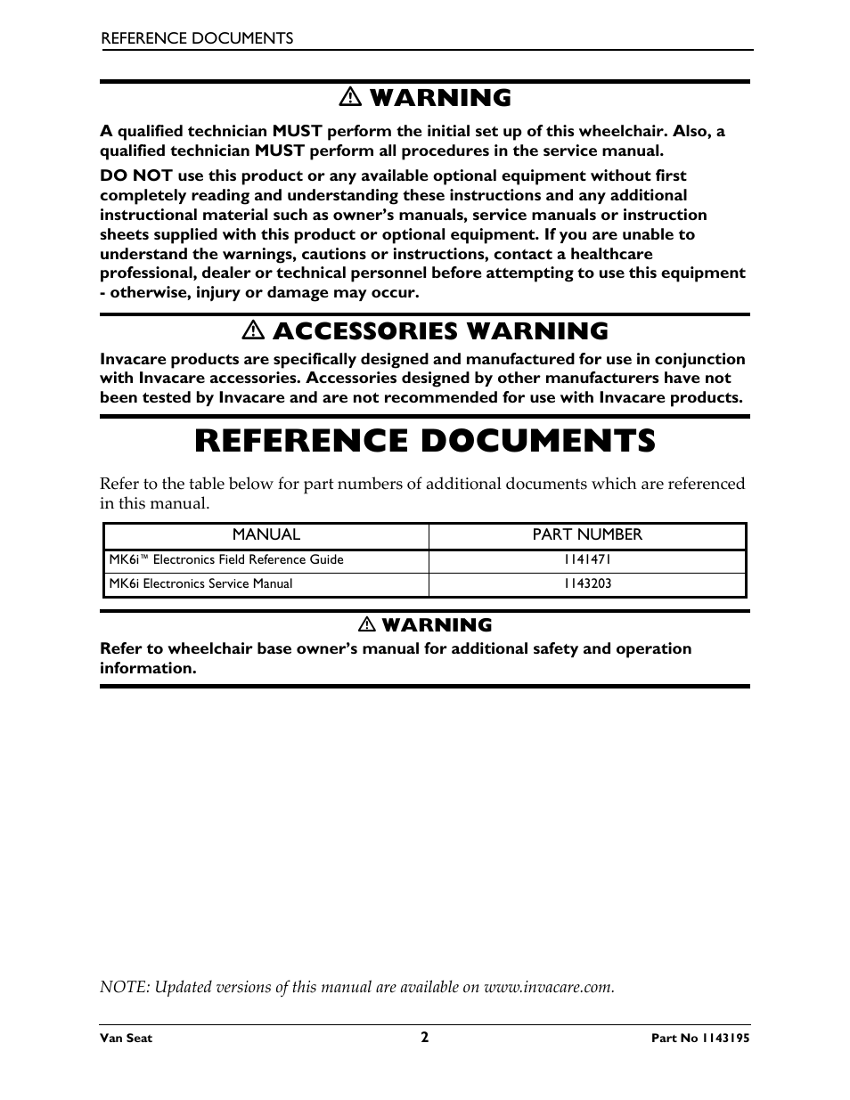 Reference documents, Ƽ warning, Ƽ accessories warning | Invacare Van Seat PHWH93 User Manual | Page 2 / 28