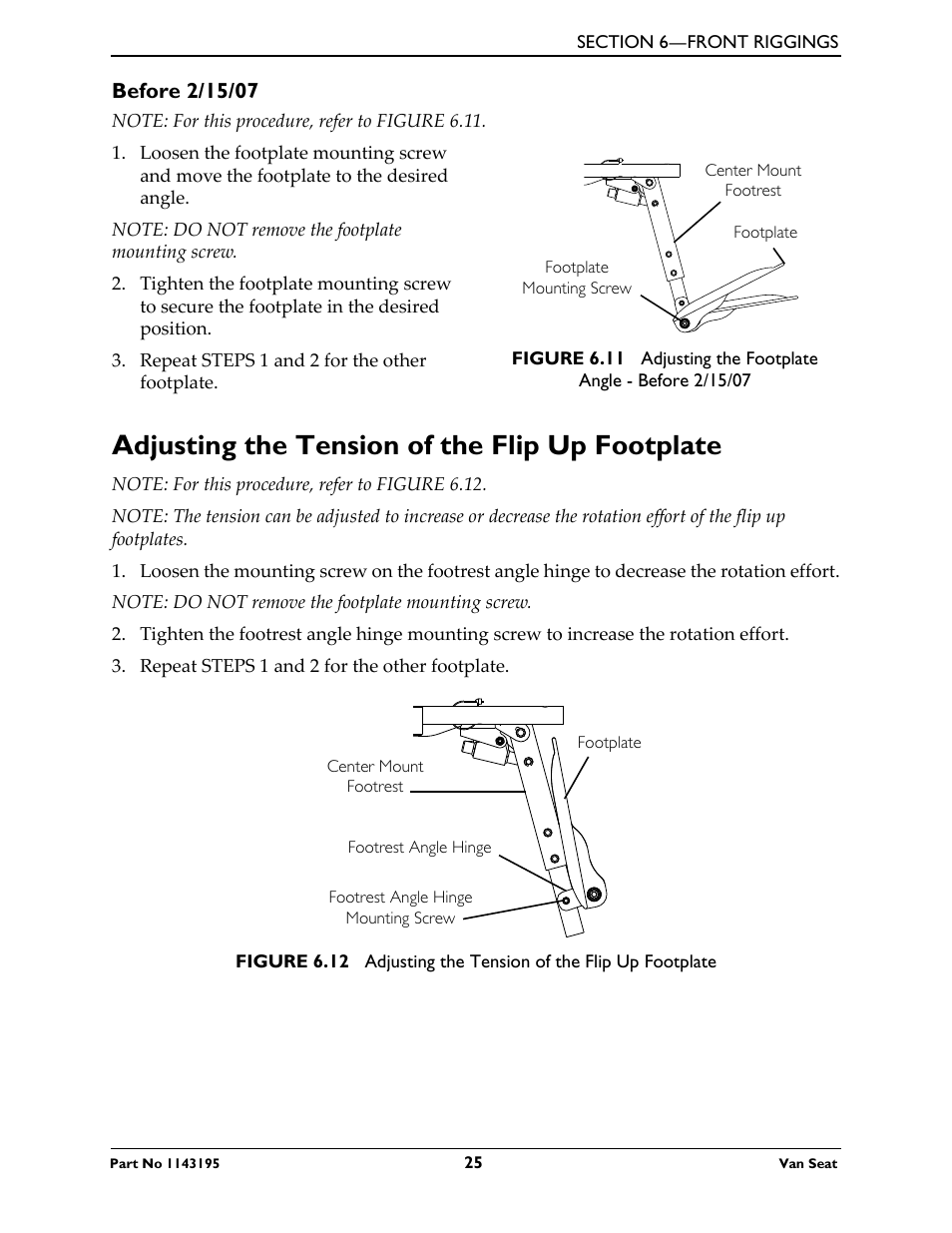 Before 2/15/07, Adjusting the tension of the flip up footplate | Invacare Van Seat PHWH93 User Manual | Page 25 / 28