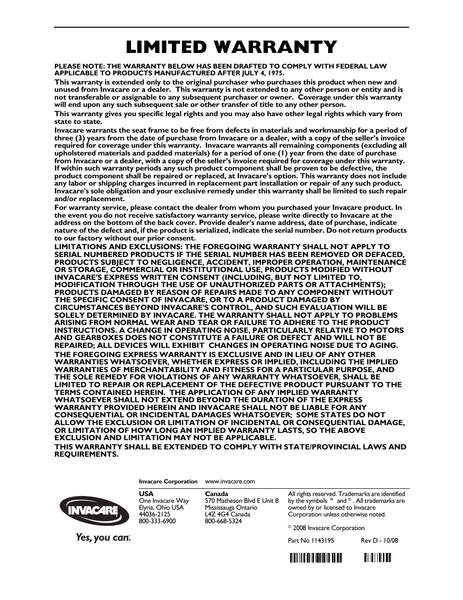 Part no 1143195, Limited warranty | Invacare Van Seat PHWH93 User Manual | Page 28 / 28