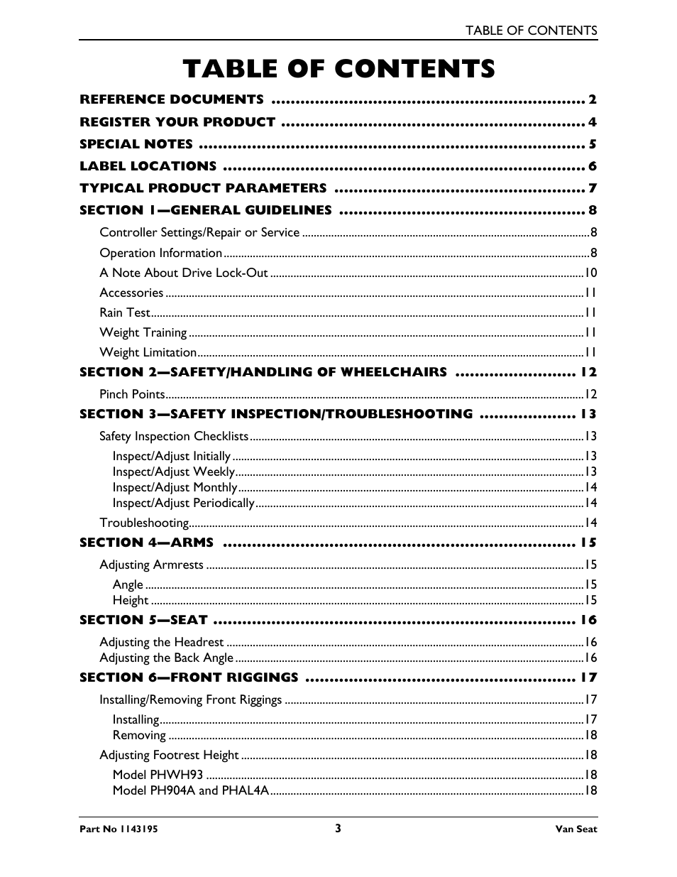 Invacare Van Seat PHWH93 User Manual | Page 3 / 28